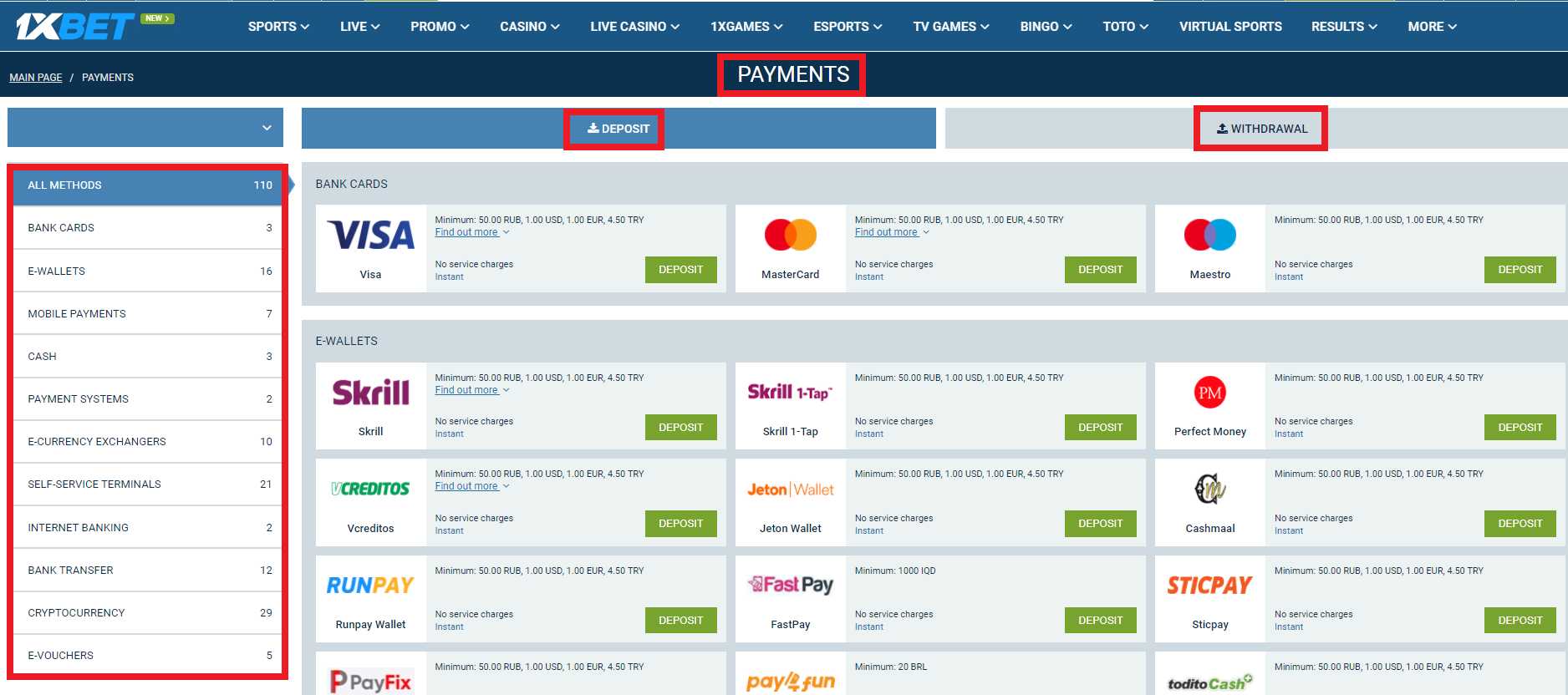 What payment methods available at 1xBet allow getting bonuses?